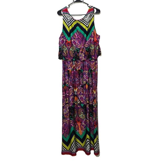 Shelby & Palmer Maxi Dress 20W Paisley Blouson Stretch Boho Pullover Tie Waist - Picture 2 of 11